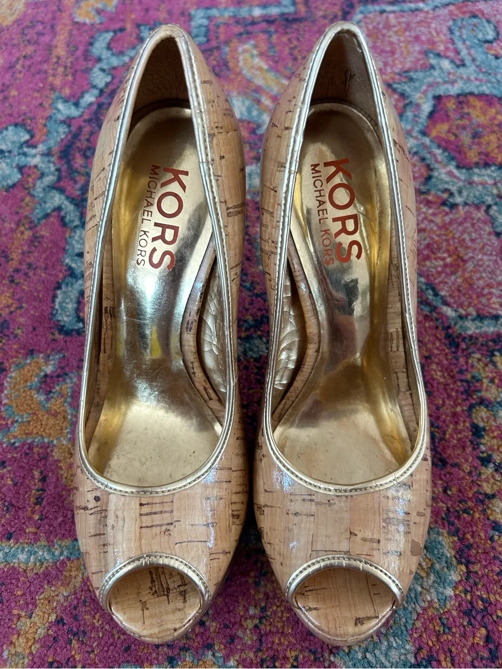 Michael Kors | Women’s Tan Cork Peep-Toe Pumps in Natural W/Gold Lining Size 8.5